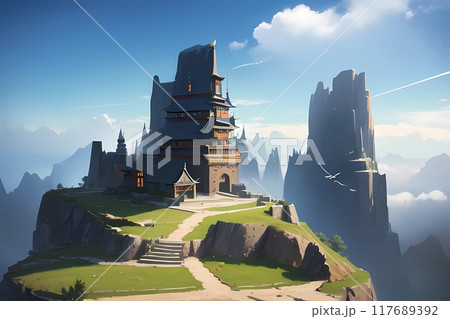 ゲーム背景 天空の雲の中にある滅んだオリエンタル都市遺跡の残した都 ゲーム背景 天空の雲の中にある滅んだオリエンタル都市遺跡の残した都 117689392
