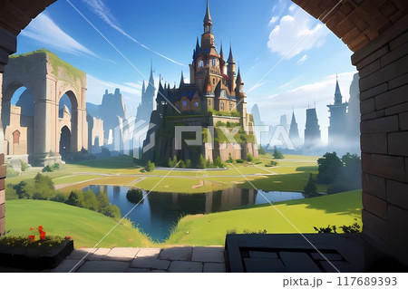 ゲーム背景 天空の雲の中にある滅んだ都市遺跡の残した都 ゲーム背景 天空の雲の中にある滅んだ都市遺跡の残した都 117689393