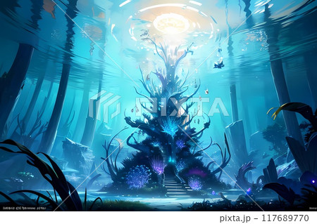 青のグラデーション　シルエットの海中神殿 117689770