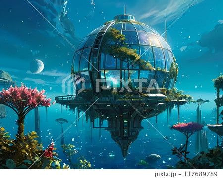 ゲーム背景　未来都市海中ドームの街 117689789