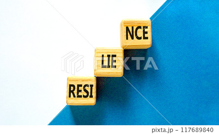 Resilience symbol. Concept word Resilience on beautiful wooden blocks. Beautiful blue and white background. Business resilience concept. Copy space. Resilience symbol. Concept word Resilience on beautiful wooden blocks. Beautiful blue and white background. Business resilience concept. Copy space. 117689840