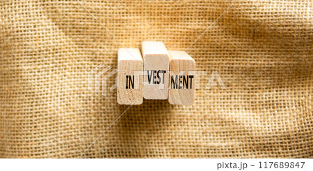 Investment symbol. Concept word Investment on beautiful wooden blocks. Beautiful canvas background. Business investment concept. Copy space. 117689847