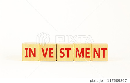 Investment symbol. Concept word Investment on beautiful wooden blocks. Beautiful white background. Business investment concept. Copy space. 117689867
