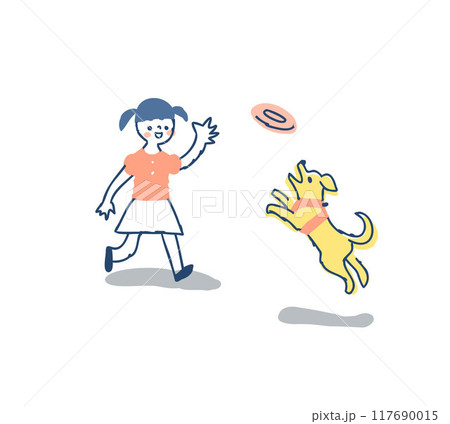 フリスビーで遊ぶ犬と女の子 フリスビーで遊ぶ犬と女の子 117690015