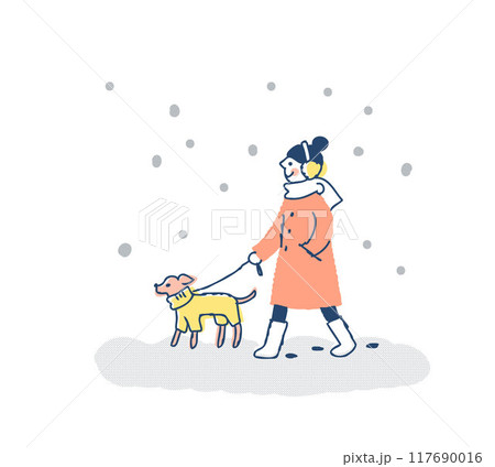 雪の日に犬の散歩をしている女性 117690016