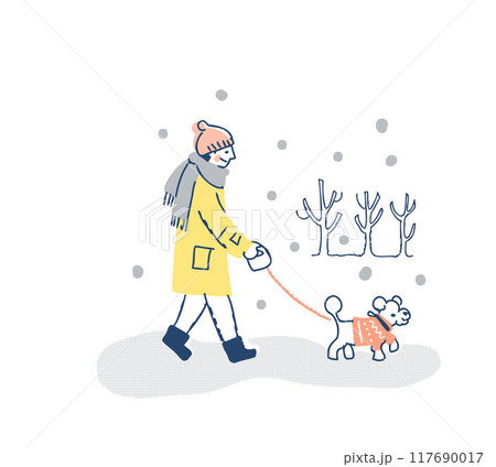 雪の日に犬の散歩をしている男性 117690017