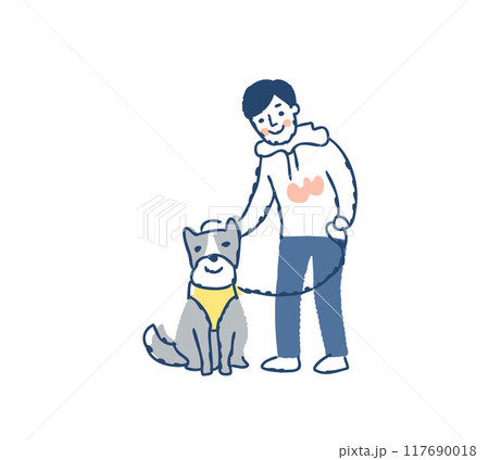 おすわりしている犬と飼い主の男性 117690018