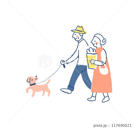 犬の散歩をしているシニアカップル 117690021