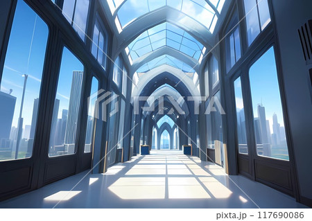 ゲーム背景　美しい中世回廊デザイン現代高層ビルの大理石の廊下 117690086