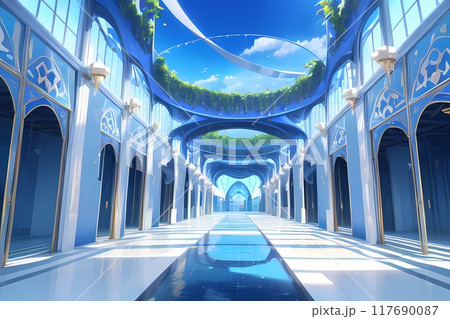 ゲーム背景 美しい中世回廊デザイン現代高層ビルの大理石の廊下 ゲーム背景 美しい中世回廊デザイン現代高層ビルの大理石の廊下 117690087