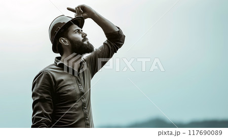 Man in Hard Hat Looking Up at the Sky 117690089
