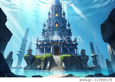 ゲーム背景 欧風竜宮城 海の中の森と宮殿風景	 ゲーム背景 欧風竜宮城 海の中の森と宮殿風景	 117690176