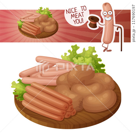 Cartoon sausages vector illustration. Delicious meat food. Wiener icon on wooden cutting board isolated on white background. Cute cartoon meat character 117690197