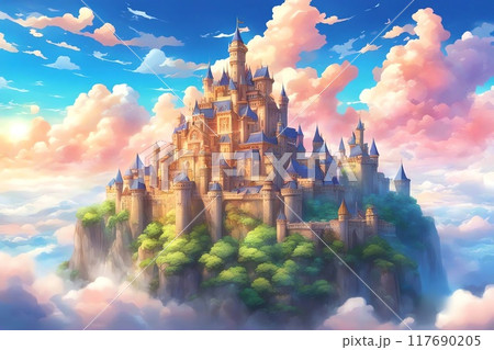 ゲーム背景　山頂の天空都市宮殿の風景 117690205