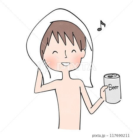 お風呂上がりにビールを飲む男性のイラスト お風呂上がりにビールを飲む男性のイラスト 117690211