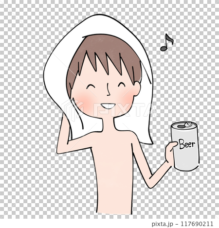 お風呂上がりにビールを飲む男性のイラスト お風呂上がりにビールを飲む男性のイラスト 117690211
