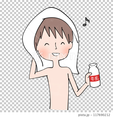 Illustration of a man drinking milk after a bath 117690212