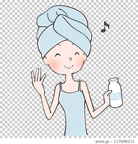 Illustration of a woman drinking milk after a bath 117690215