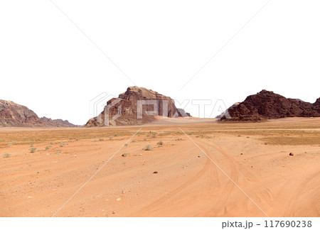 Wadi Rum Desert also known as The Valley of the Moon (carved on white background) -- is a valley cut into the sandstone and granite rock in southern Jordan 60 km to the east of Aqaba 117690238