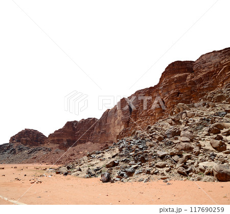 Mountains of Wadi Rum Desert also known as The Valley of the Moon is a valley cut into the sandstone and granite rock in southern Jordan 60 km to the east of Aqaba (carved on white background) 117690259