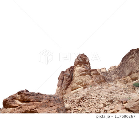 Mountains of Wadi Rum Desert also known as The Valley of the Moon is a valley cut into the sandstone and granite rock in southern Jordan 60 km to the east of Aqaba (carved on white background) Mountains of Wadi Rum Desert also known as The Valley of the Moon is a valley cut into the sandstone and granite rock in southern Jordan 60 km to the east of Aqaba (carved on white background) 117690267