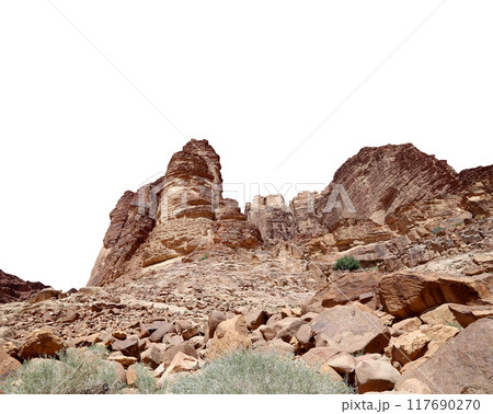 Mountains of Wadi Rum Desert also known as The Valley of the Moon is a valley cut into the sandstone and granite rock in southern Jordan 60 km to the east of Aqaba (carved on white background) 117690270
