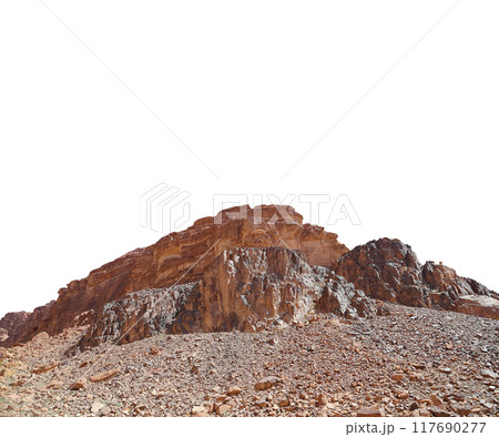 Mountains of Wadi Rum Desert also known as The Valley of the Moon is a valley cut into the sandstone and granite rock in southern Jordan 60 km to the east of Aqaba (carved on white background) Mountains of Wadi Rum Desert also known as The Valley of the Moon is a valley cut into the sandstone and granite rock in southern Jordan 60 km to the east of Aqaba (carved on white background) 117690277