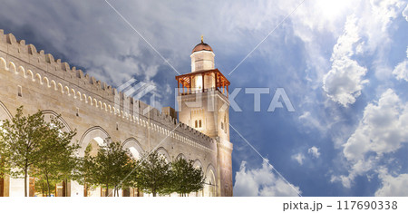 King Hussein Bin Talal mosque in Amman (at night), Jordan.  Against the background of a beautiful sky with clouds 117690338