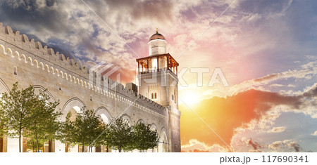 King Hussein Bin Talal mosque in Amman (at night), Jordan.  Against the background of a beautiful sky with clouds 117690341