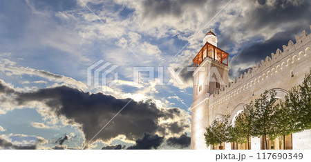 King Hussein Bin Talal mosque in Amman (at night), Jordan.  Against the background of a beautiful sky with clouds 117690349