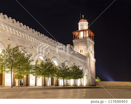 King Hussein Bin Talal mosque in Amman (at night), Jordan.  Against the background of a beautiful sky with clouds 117690403