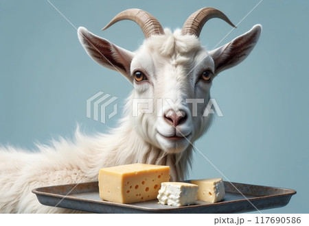 cute goat with dairy natural products on tray 117690586