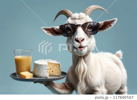 cute goat in sunglasses with dairy natural products on tray 117690587