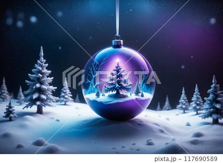 New Year's card. New Year's tree in neon lights against the background of a winter night 117690589