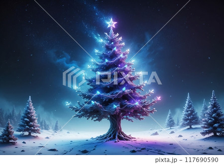 New Year's card. New Year's tree in neon lights against the background of a winter night 117690590