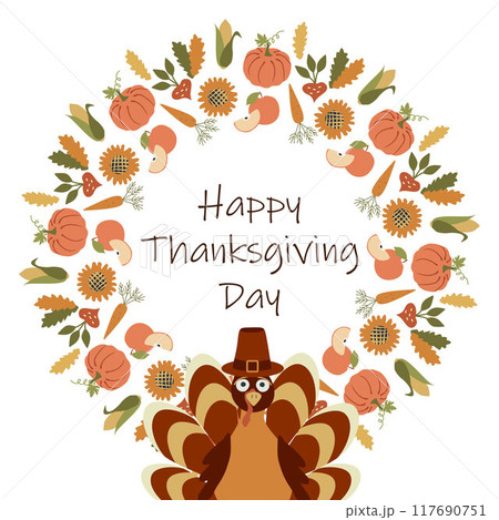 Happy Thanksgiving Day cute Background with Turkey. Give thanks Flat illustration. Round Frame from Leaves pumpkins. Type lettering. Template for card banner invitation design. Vector illustration 117690751