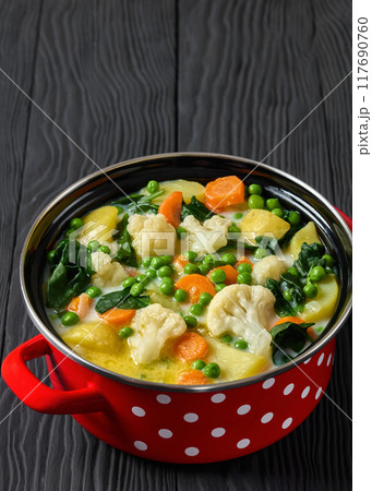 Kesakeitto, Finnish summer vegetable soup in a pot 117690760