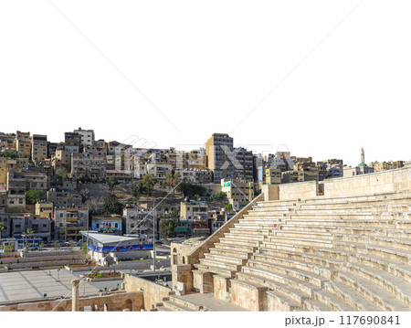 Roman Theatre in Amman, Jordan -- theatre was built the reign of Antonius Pius (138-161 CE), the large and steeply raked structure could seat about 6000 people. Carved, on white background 117690841