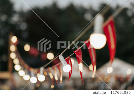 Lighten bulbs garland in the lanterns on the party Lighten bulbs garland in the lanterns on the party 117691080
