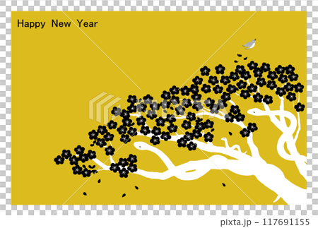 梅とへびの親子の年賀状_背景黄色 117691155