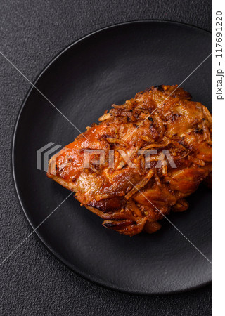 Delicious juicy grilled ribs with honey and mustard sauce with salt, spices and herbs 117691220