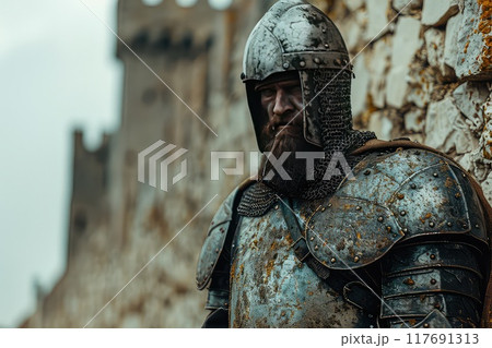 Medieval knight in steel armor against the background of castle walls. 117691313