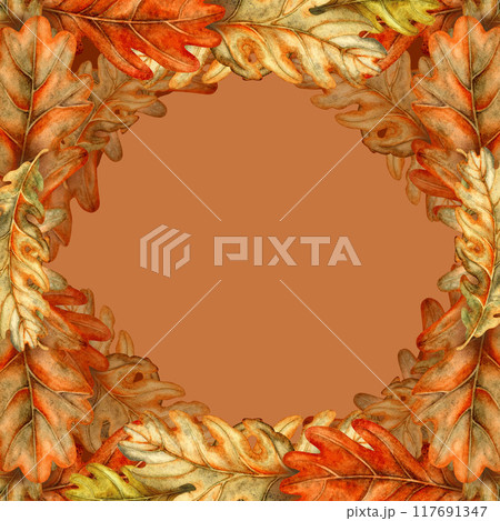Frame of autumn oak leaves with orange background. Watercolor illustration of a square template hand drawn. Natural foliage texture for harvest festival, certificates, awards, menu, invitations 117691347