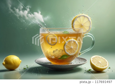 hot tea with lemon in a glass cup 117691497