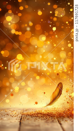 A golden feather falls onto scattered golden sand on a wooden floor, on a golden blur background. Copy space. 117691728