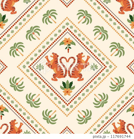 Summer ceramic tile pattern with tropical palm tree, Asian tiger, checkered geometric elements. Vector cute jungle print 117691744
