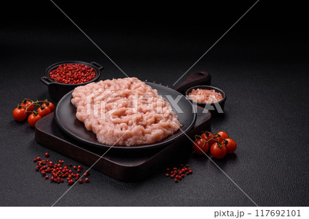 Fresh raw chicken mince with salt and spices Fresh raw chicken mince with salt and spices 117692101
