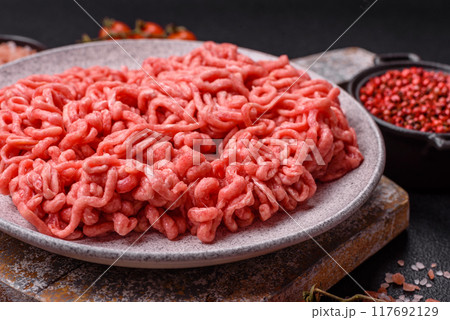 Fresh raw ground beef with salt and spices Fresh raw ground beef with salt and spices 117692129