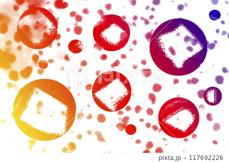 Red spots on an abstract drawing of red and purple bubbles with a square white stroke inside. With space to copy. High quality illustration Red spots on an abstract drawing of red and purple bubbles with a square white stroke inside. With space to copy. High quality illustration 117692226