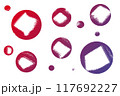 Abstract drawing of red and purple bubbles with a square white stroke inside. With space to copy. High quality illustration 117692227